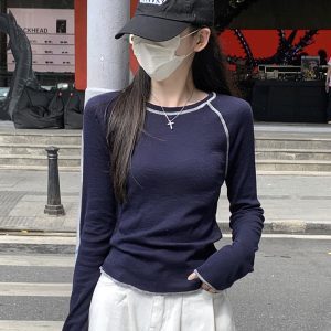 Y2K Aesthetic Long-Sleeve T-Shirt for Women, Jazz Top for Autumn & Winter Layering, K-Pop Music Festival Dance Outfit