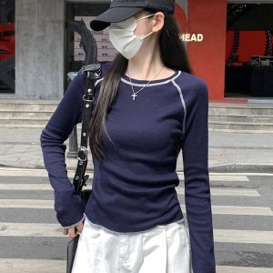 Y2K Aesthetic Long-Sleeve T-Shirt for Women, Jazz Top for Autumn & Winter Layering, K-Pop Music Festival Dance Outfit
