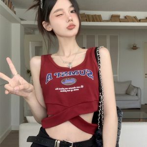 Y2K American Jazz Dance Top - Red Festival Outfit, K-Pop Inspired Girl Group Vest for Music and Dance Events