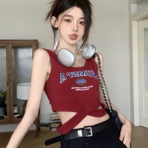 Y2K American Jazz Dance Top - Red Festival Outfit, K-Pop Inspired Girl Group Vest for Music and Dance Events