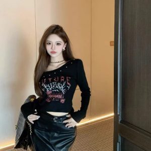 Y2K American-Style Hot and Spicy Jazz Dance Top for Women, K-Pop Long Sleeve T-Shirt, Music Festival Dance Outfit