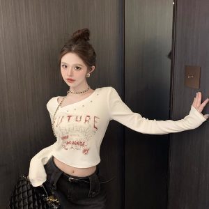 Y2K American-Style Hot and Spicy Jazz Dance Top for Women, K-Pop Long Sleeve T-Shirt, Music Festival Dance Outfit