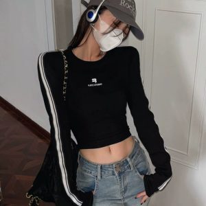 Y2K American Style Short Jazz Dance Top for Women - Long Sleeve Slim-Fit Shirt, Spicy Girl Aesthetic, K-Pop Inspired Fashion