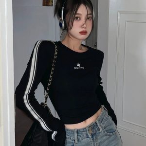 Y2K American Style Short Jazz Dance Top for Women - Long Sleeve Slim-Fit Shirt, Spicy Girl Aesthetic, K-Pop Inspired Fashion