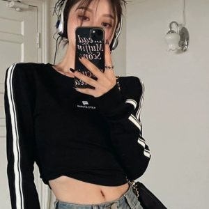 Y2K American Style Short Jazz Dance Top for Women - Long Sleeve Slim-Fit Shirt, Spicy Girl Aesthetic, K-Pop Inspired Fashion