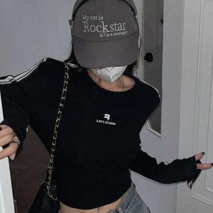 Y2K American Style Short Jazz Dance Top for Women - Long Sleeve Slim-Fit Shirt, Spicy Girl Aesthetic, K-Pop Inspired Fashion