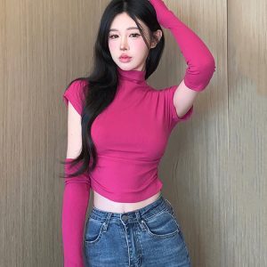 Y2K American-Style Sweet and Spicy Jazz Dance T-Shirt for K-Pop Girls – Performance Outfit with Unique Sleeve Design
