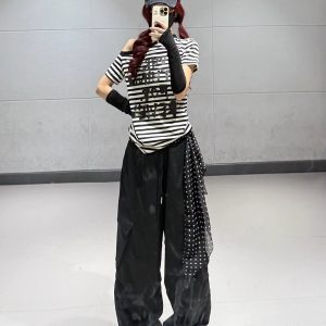 Y2K Black Striped Off-Shoulder T-Shirt for Women - Sweet and Spicy Jazz Dance Short Sleeve Top