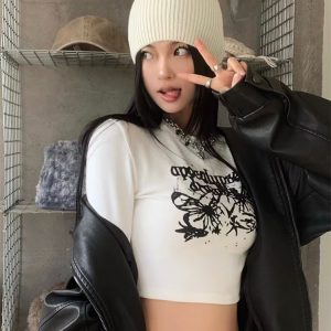 Y2K Crop Top for Women, Spicy Long Sleeve Tight-Fit T-Shirt for Jazz Dance, K-Pop Style Dancewear