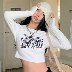 Y2K Crop Top for Women, Spicy Long Sleeve Tight-Fit T-Shirt for Jazz Dance, K-Pop Style Dancewear