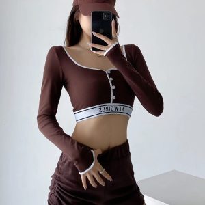 Y2K Cropped Button U-Neck T-Shirt for Women - Jazz Street Dance Lettered Design, Sexy Trendy Top