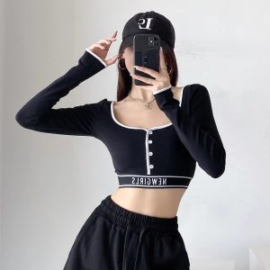 Y2K Cropped Button U-Neck T-Shirt for Women - Jazz Street Dance Lettered Design, Sexy Trendy Top