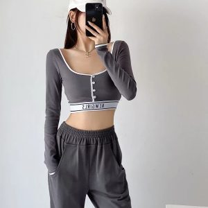 Y2K Cropped Button U-Neck T-Shirt for Women - Jazz Street Dance Lettered Design, Sexy Trendy Top