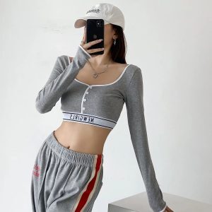 Y2K Cropped Button U-Neck T-Shirt for Women - Jazz Street Dance Lettered Design, Sexy Trendy Top