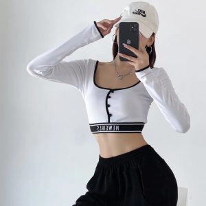 Y2K Cropped Button U-Neck T-Shirt for Women - Jazz Street Dance Lettered Design, Sexy Trendy Top