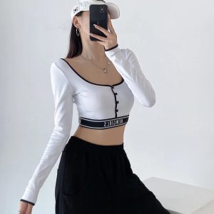 Y2K Cropped Button U-Neck T-Shirt for Women - Jazz Street Dance Lettered Design, Sexy Trendy Top