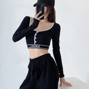 Y2K Cropped Button U-Neck T-Shirt for Women - Jazz Street Dance Lettered Design, Sexy Trendy Top
