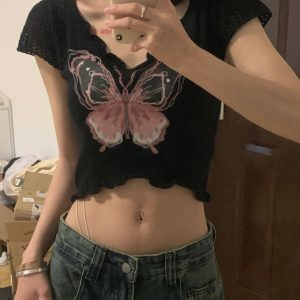Y2K Cropped T-Shirt for Women - Sweet and Spicy Euro-American K-Pop Jazz Dance Music Festival Top