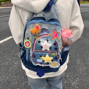 Y2K Cute Versatile Large-Capacity Denim Backpack for Casual Students and Commuters