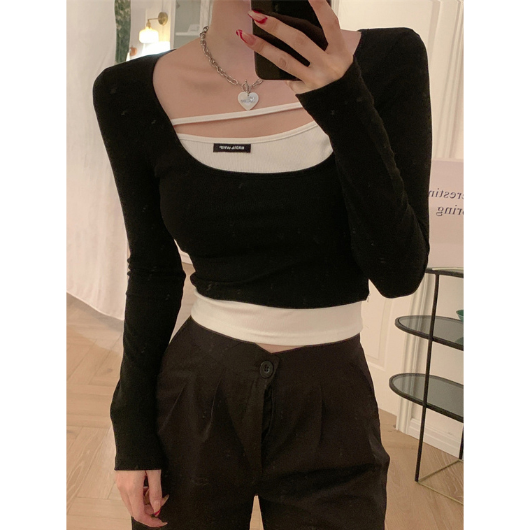 Y2K Fake Two-Piece Long Sleeve Top for Women - Hip-Hop Dance Outfit, K-Pop Performance Style