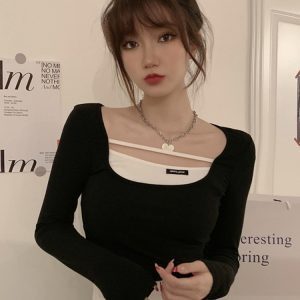 Y2K Fake Two-Piece Long Sleeve Top for Women - Hip-Hop Dance Outfit, K-Pop Performance Style