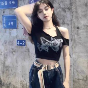 Y2K Halter Neck Short Sleeve Jazz Dance Top for Women, K-Pop Performance Outfit, American Style