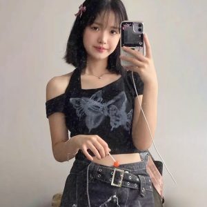 Y2K Halter Neck Short Sleeve Jazz Dance Top for Women, K-Pop Performance Outfit, American Style
