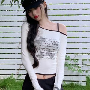 Y2K Hip-Hop Jazz Dance Top for Women, Slim Fit Long Sleeve T-Shirt, K-Pop Music Festival Outfit, Trendy Streetwear Style