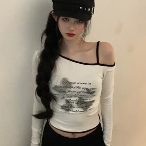 Y2K Hip-Hop Jazz Dance Top for Women, Slim Fit Long Sleeve T-Shirt, K-Pop Music Festival Outfit, Trendy Streetwear Style