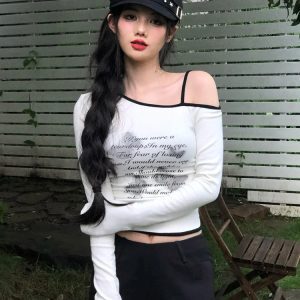 Y2K Hip-Hop Jazz Dance Top for Women, Slim Fit Long Sleeve T-Shirt, K-Pop Music Festival Outfit, Trendy Streetwear Style