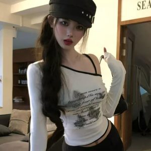 Y2K Hip-Hop Jazz Dance Top for Women, Slim Fit Long Sleeve T-Shirt, K-Pop Music Festival Outfit, Trendy Streetwear Style