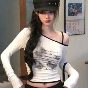 Y2K Hip-Hop Jazz Dance Top for Women, Slim Fit Long Sleeve T-Shirt, K-Pop Music Festival Outfit, Trendy Streetwear Style