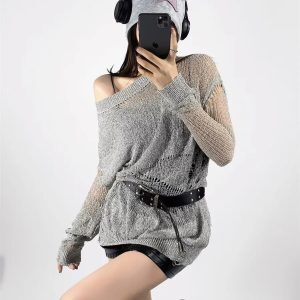 Y2K Hollow Knit Cardigan for Women, Long Sleeve Stylish Outerwear Top, Dance Jazz Outfit, Trendy American Style