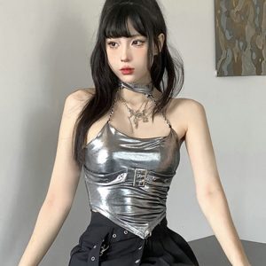 Y2K Jazz Dance Camisole Top for Women - Sweet & Spicy Silver K-Pop Style for Spring and Autumn