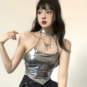 Y2K Jazz Dance Camisole Top for Women - Sweet & Spicy Silver K-Pop Style for Spring and Autumn