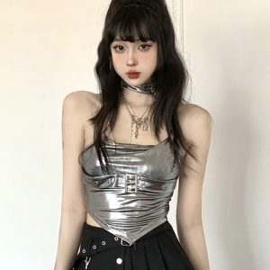 Y2K Jazz Dance Camisole Top for Women - Sweet & Spicy Silver K-Pop Style for Spring and Autumn