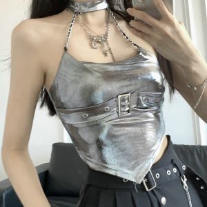 Y2K Jazz Dance Camisole Top for Women - Sweet & Spicy Silver K-Pop Style for Spring and Autumn