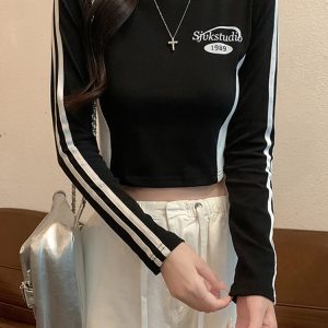 Y2K Jazz Dance Long Sleeve Top for Women - Unique Fitted T-Shirt for Spring & Autumn Fashion