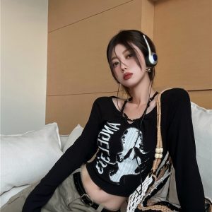 Y2K Jazz Dance Spicy Girl Cropped Shoulder Top - K-Pop Inspired Short Sleeve for Music Festival & Concert Outfits