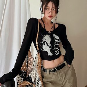 Y2K Jazz Dance Spicy Girl Cropped Shoulder Top - K-Pop Inspired Short Sleeve for Music Festival & Concert Outfits