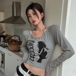 Y2K Jazz Dance Spicy Girl Cropped Shoulder Top - K-Pop Inspired Short Sleeve for Music Festival & Concert Outfits