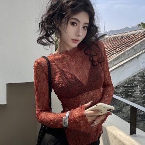 Y2K Jazz Dance Top for Women - Sweet and Spicy K-Pop Style Thin Long Sleeve Lace Cover-Up