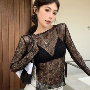 Y2K Jazz Dance Top for Women - Sweet and Spicy K-Pop Style Thin Long Sleeve Lace Cover-Up