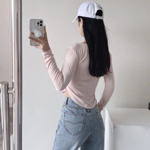 Y2K Jazz Style Long Sleeve T-Shirt for Women - Casual Slim Fit, Curved Hem, Sun Protection, Dance Base Layer Top