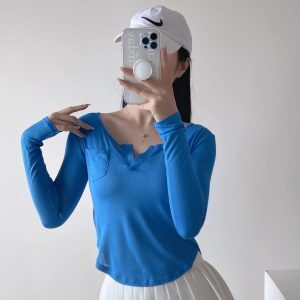 Y2K Jazz Style Long Sleeve T-Shirt for Women - Casual Slim Fit, Curved Hem, Sun Protection, Dance Base Layer Top