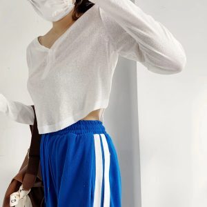 Y2K Jazz Style Long Sleeve T-Shirt for Women, Loose Curved Hem Sun Protection Dance Top