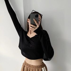 Y2K Jazz Style Long Sleeve T-Shirt for Women, Loose Curved Hem Sun Protection Dance Top