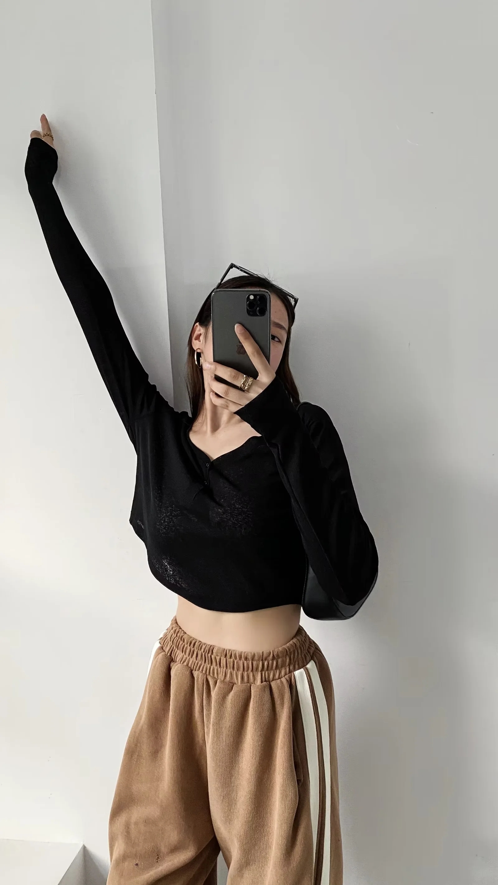 Y2K Jazz Style Long Sleeve T-Shirt for Women, Loose Curved Hem Sun Protection Dance Top