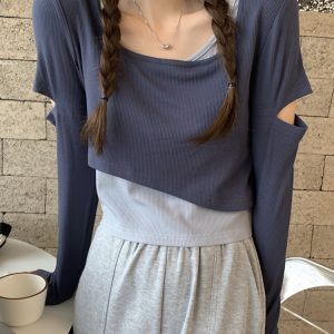 Y2K K-Pop Inspired Girl Group Dance Outfit - Jazz Dancing Top with Fake Two-Piece Layer for Music Festival Style