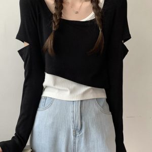 Y2K K-Pop Inspired Girl Group Dance Outfit - Jazz Dancing Top with Fake Two-Piece Layer for Music Festival Style